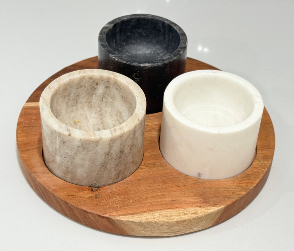 Bloomingville Danish Marble Condiment Set Acacia Wood Tray Spice Pinch Bowls